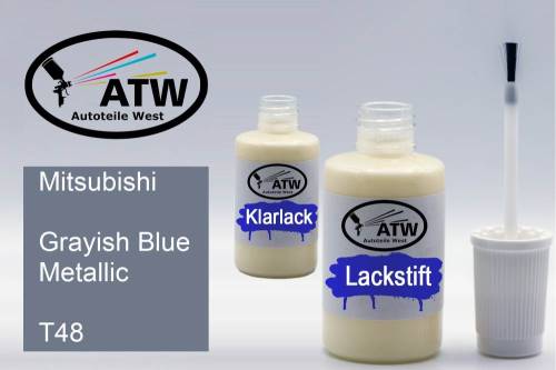 Mitsubishi, Grayish Blue Metallic, T48: 20ml Lackstift + 20ml Klarlack - Set, von ATW Autoteile West.